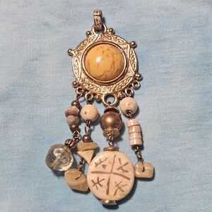 90s Express Gold and Cream Boho Pendant Necklace, Chain Not Included